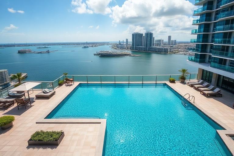 Modern Edgewater Miami condo amenity deck with pool and skyline where luxury rentals are highly sought