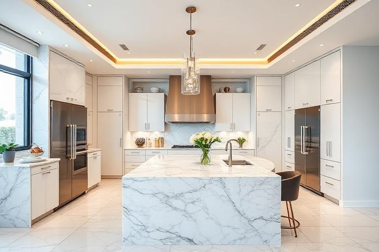 Luxury home interior with designer kitchen featuring marble countertops in Miami
