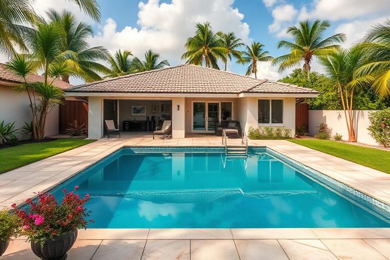 Single residential home for sale in Miami with lush tropical yard and Mediterranean architecture
